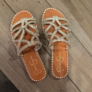 Jessica Simpson sparkly Slide Sandals with Gold Rhinestone Straps